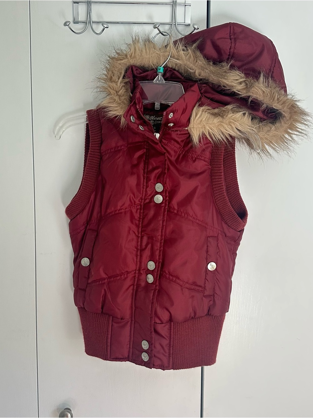 Girls' Burgundy Faux-Fur Trim Hooded Puffer Vest